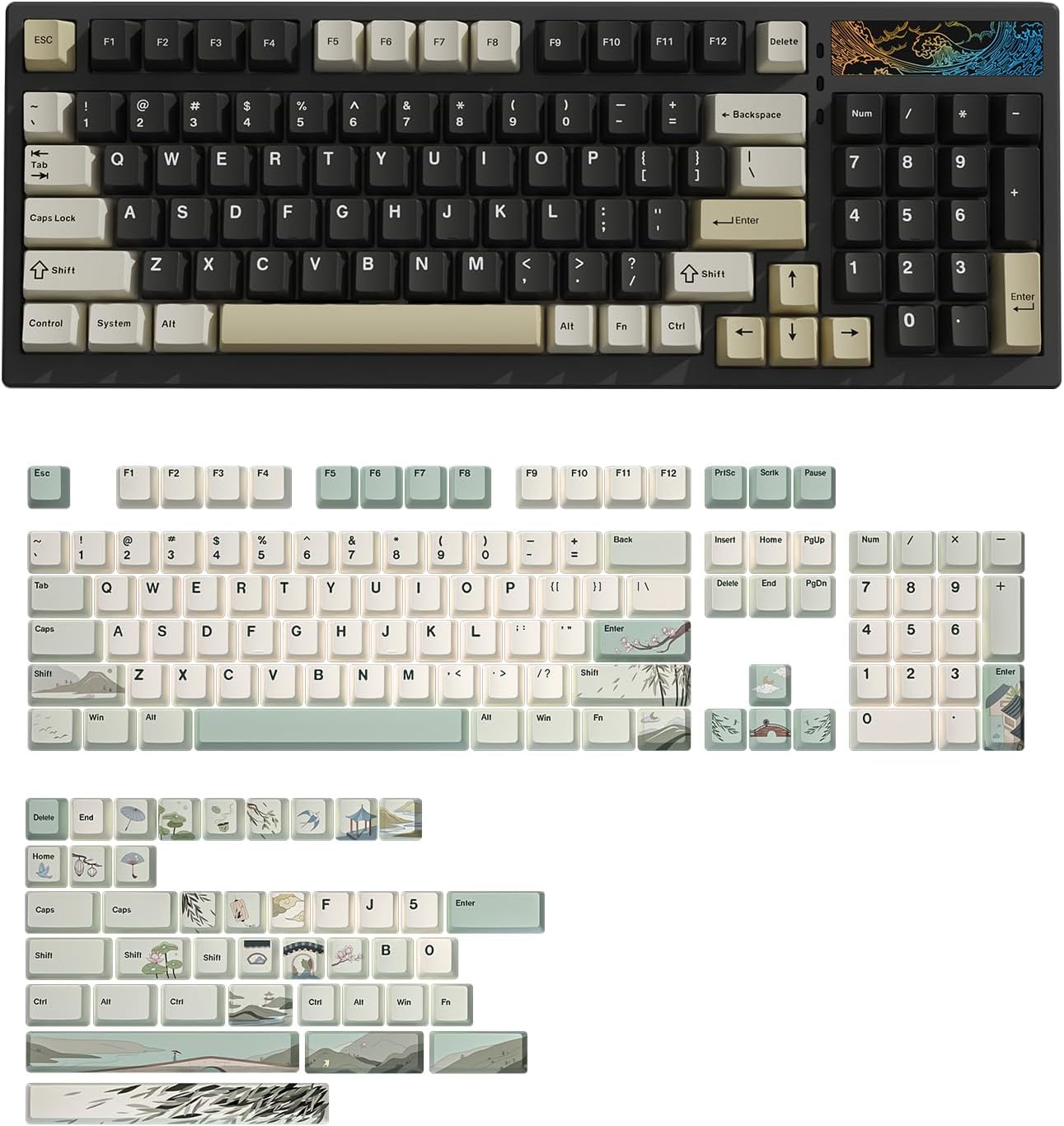 YUNZII YZ98 Gasket Mechanical 99 Key Hot Swappable Keyboard(Milk Switch, Black), Spring Tea Dye Sub PBT Keycaps(Cherry Profile, Spring Tea)