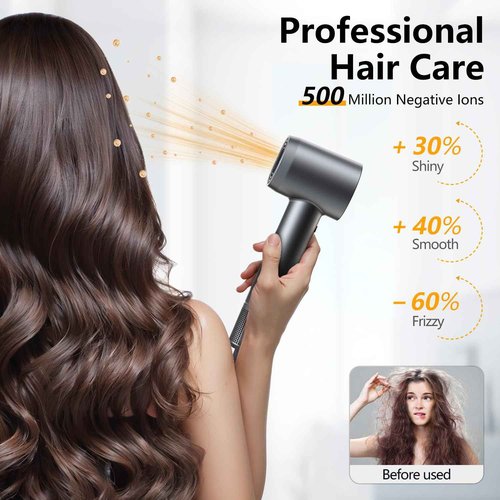 Hair Dryer - 1 Min Fast Drying, High-Speed Blow Dryer with 500 Million Negative Ions, No Heat Damage, Low Noise, Professional Hairdryer with Diffuser & Nozzle, Gunmetal, Hair Dryer Concentrator Nozzle