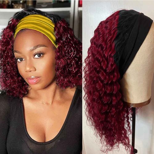 Unvizossa 24inch 1B/99J Burgundy Ombre Headband Wig Deep Wave Human Hair Wigs Headband Wig 150% Density Half Glueless None Lace Front Wigs Brazilian Virgin Human Hair Headband Wigs for Black Women