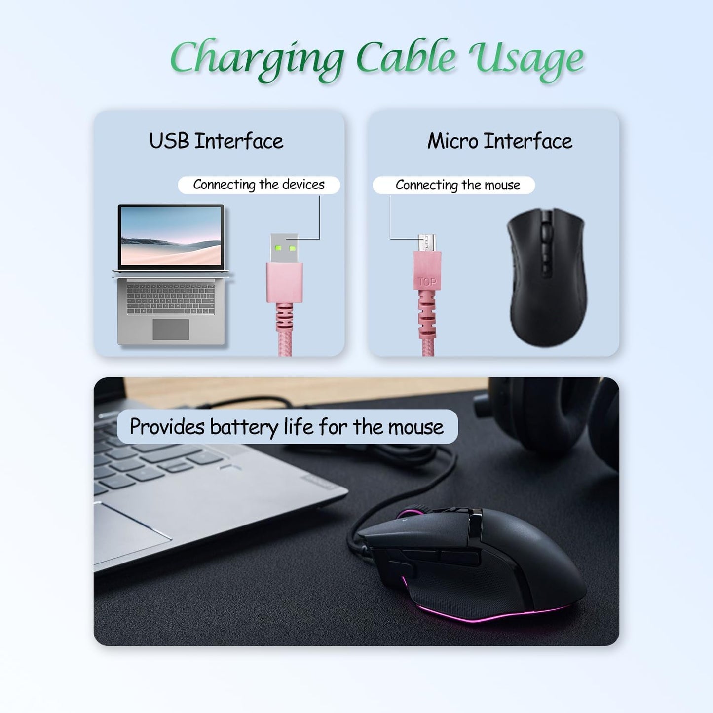 Aiivioll Wireless Mouse USB Charging Cable 1.8M Suitable for Razer Viper Ultimate, Basilisk Snake Ultimate, Viper V2 Professional, with Nylon Braided Cable, Durable and Fast Charging (Pink)