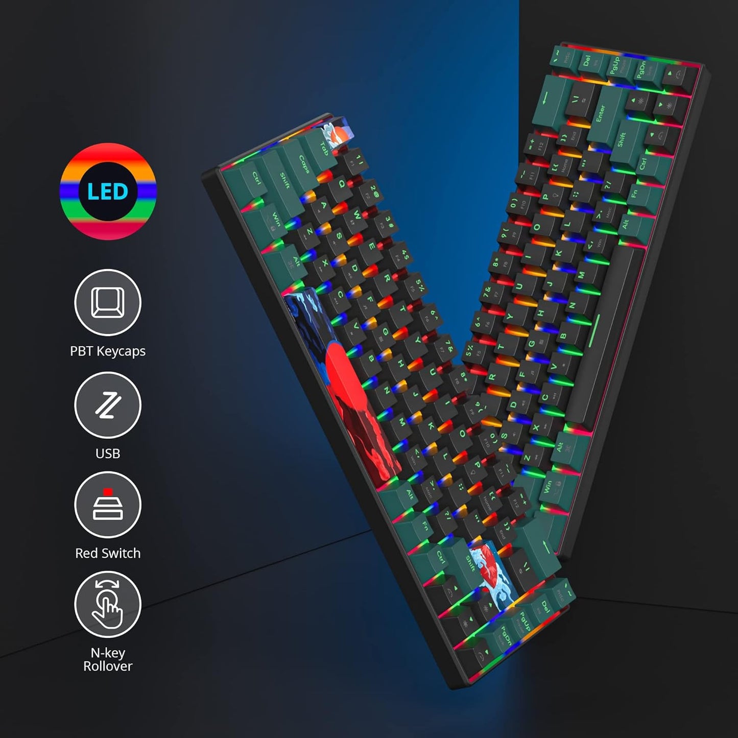 60 Percent Gaming Keyboard Mechanical with Linear Red Switch, 65% Wired Ultra-Compact Mini Keyboard Rainbow with PBT Keycaps for Ps4/Ps5/Xbox(68 MonsterB)
