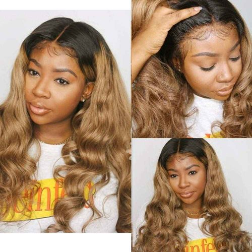 Ombr Lace Front Wigs Dark Roots to Strawberry Blonde Brazilian Natural Wavy Remy Human Hair Wigs Free Part Bleached Knots 13x4 Deep Part 2 Tones Colored Lace Wigs 22“ 150 Density for Black Women
