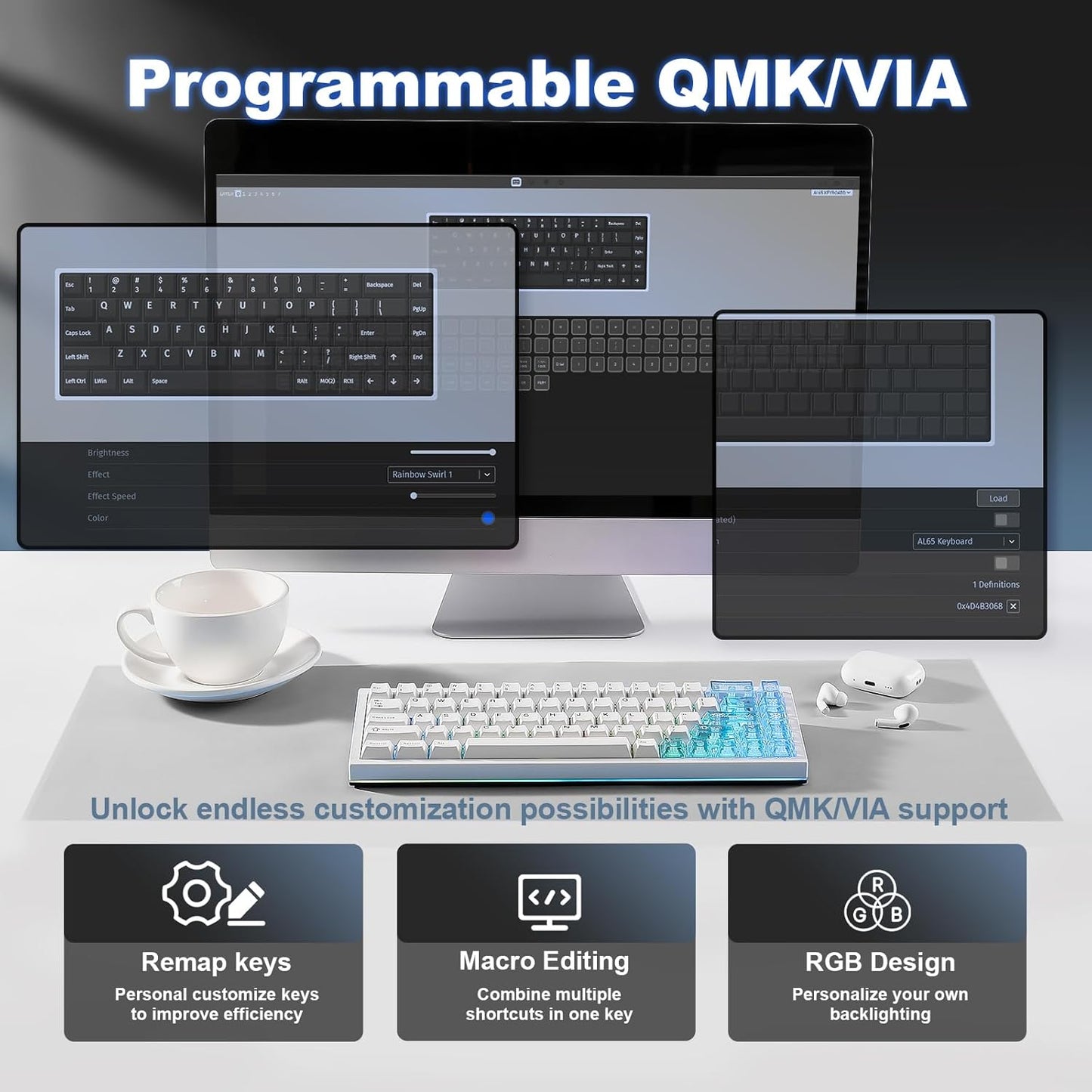 YUNZII AL65 Wireless Mechanical Keyboard, Full Aluminum CNC,Support QMK/VIA Software Gasket Structure,60% Hot Swappable with RGB Backlit BT/2.4G/USB-C for Mac/Windows(White, Gateron Zero)
