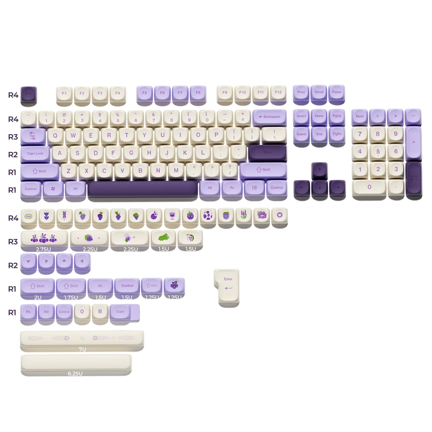 XVX MOA Profile Purple Grape Theme PBT Dye-Sub Keycaps, Custom Keycap Set for Mechanical Keyboards (Compatible with Cherry MX Switches, Purple & White Design)