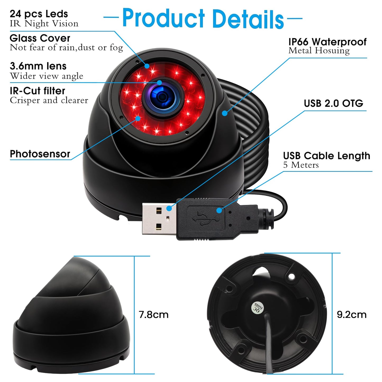 ALPCAM USB Camera Security Camera Outdoor Dome USB Webcam, 720P Day & Night Vision USB Camera for Computer, Waterproof Camera with IR LEDs for Car Park Baby Monitor Home Surveillance
