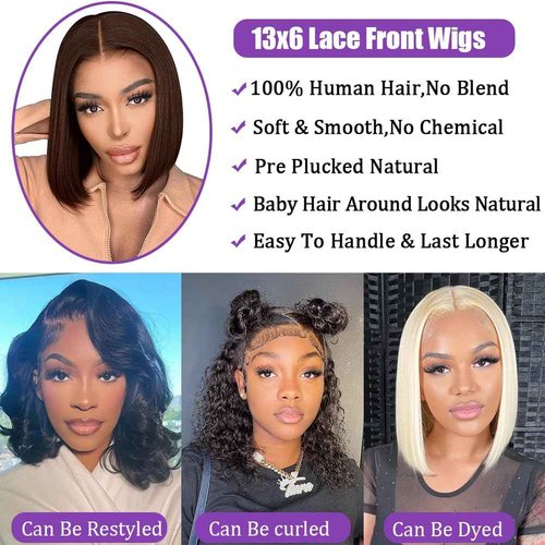 FATIAO #4 Brown Bob Lace Front Wigs Human Hair Straight HD Transparent Brown Bob Wig Human Hair Wear and Go Glueless Wig Pre Plucked Short Bob Wigs For Black Women 14inch