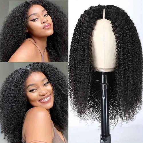 Amznlady Afro Kinky Curly V Part Wig Human Hair Brazilian Virgin Glueless Wig Human Hair for Black Women Upgrade U Part Wigs Kinky Curly Wigs No Leave Out 200% Density Natural Color 20 Inch