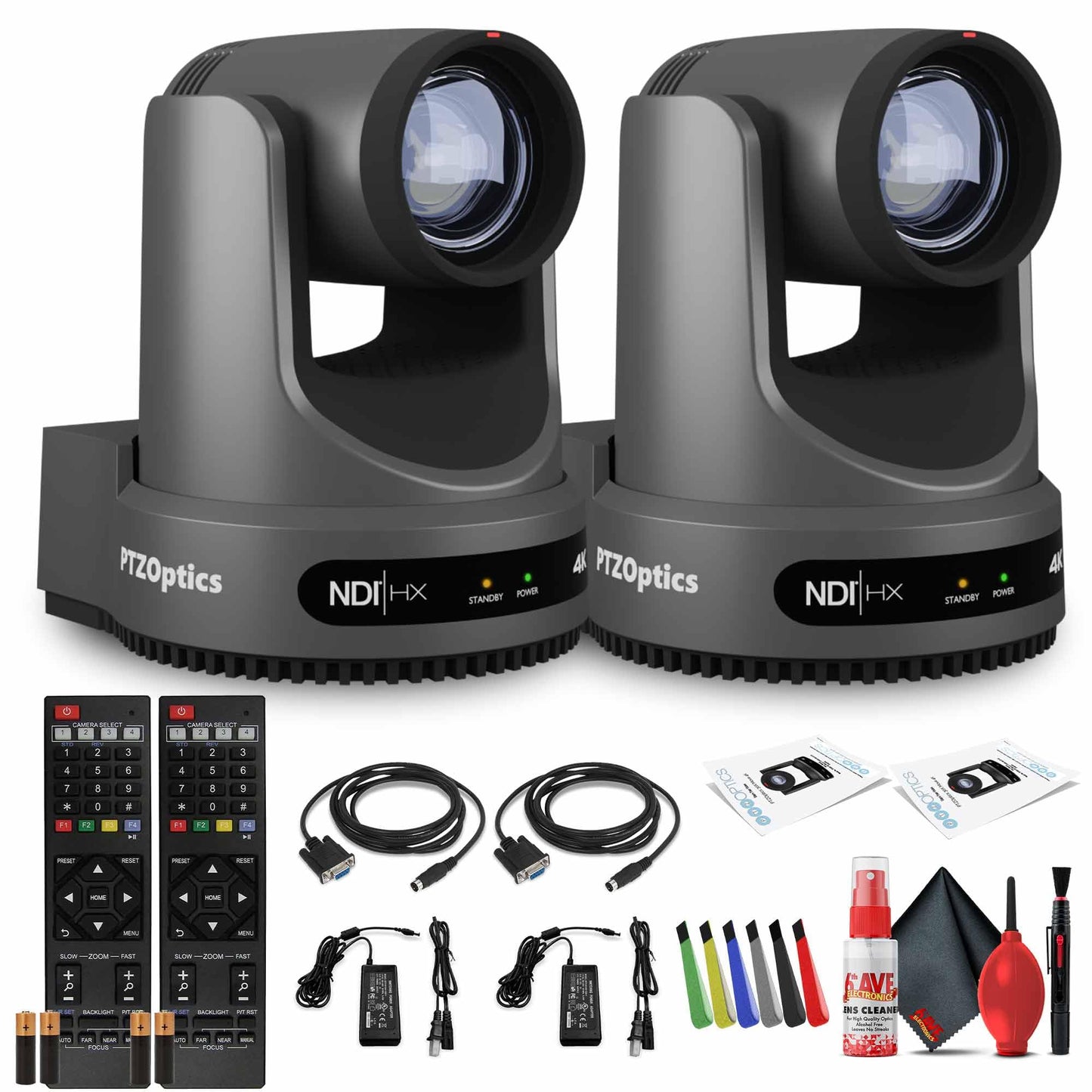 2 x PTZOptics Move 4K SDI/HDMI/USB/IP PTZ Camera with 20x Optical Zoom (Gray) (PT20X-4K-GY-G3) + Cleaning Kit and Color Wire Ties Bundle
