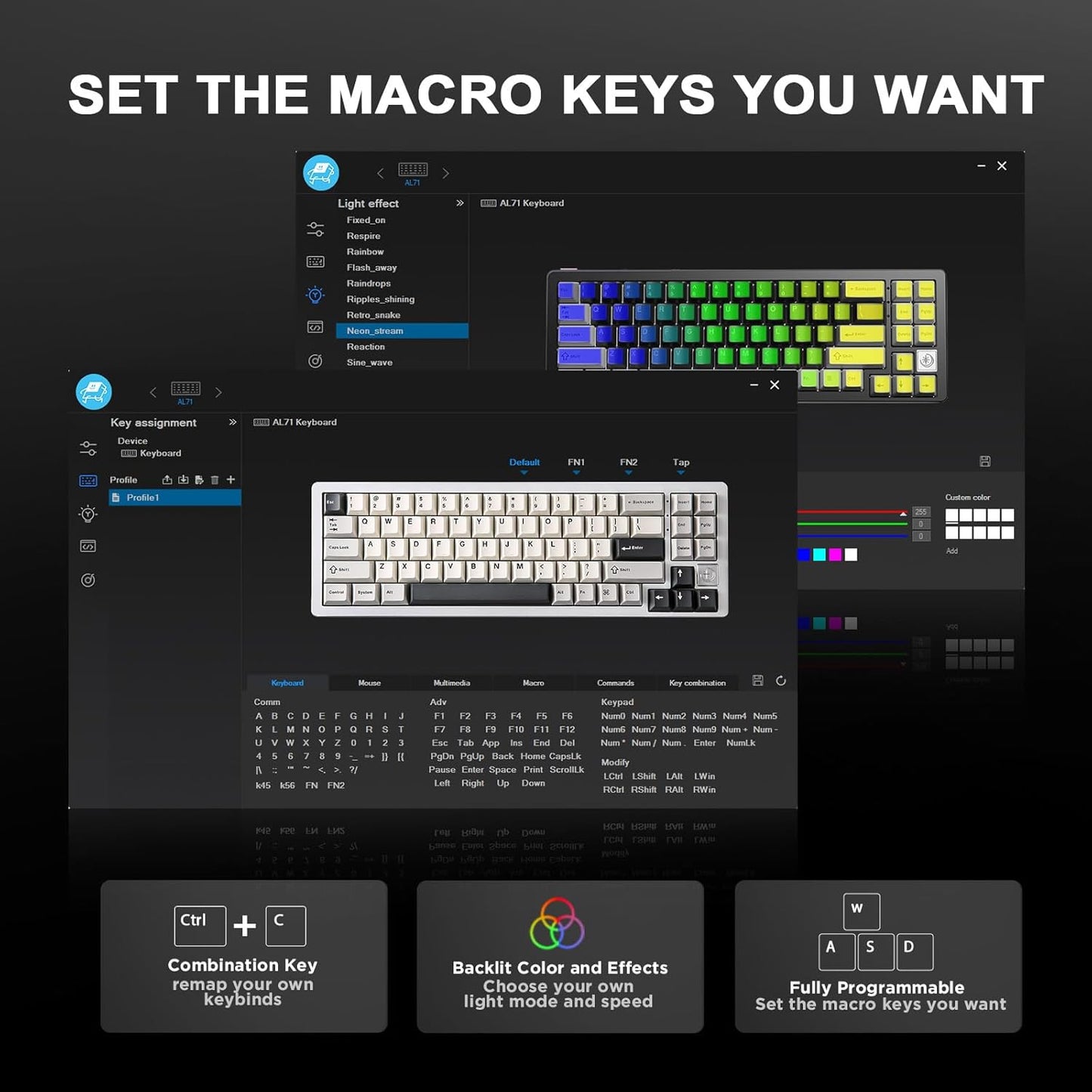 YUNZII AL71 75% Mechanical Keyboard,Full Aluminum CNC,Hot Swappable Gasket,2.4GHz Wireless BT5.0/USB-C Wired,NKRO Programmable RGB Backlight Creamy Typing for Win/Mac(Silver,Crystal White Switch)