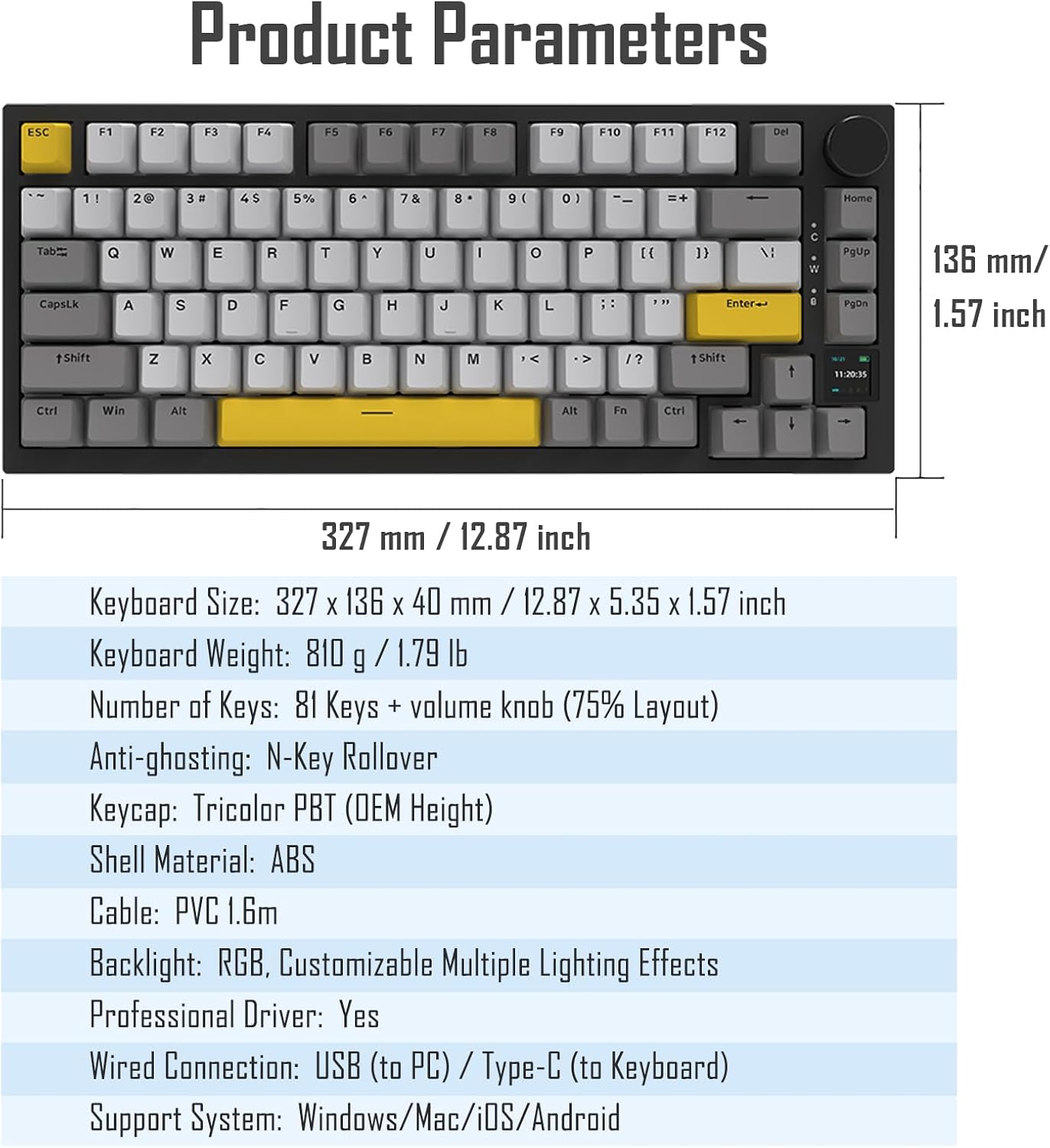 AJAZZ AK820 Pro 75% Gasket RGB Wireless Mechanical Keyboard with TFT Screen, Volume knob, Bluetooth/2.4G/Wired 3-Modes, Compact 82 Hot-Swap Keys, Tricolor PBT Keycap, 4000 mAh (Purple&Blue 3-Modes)