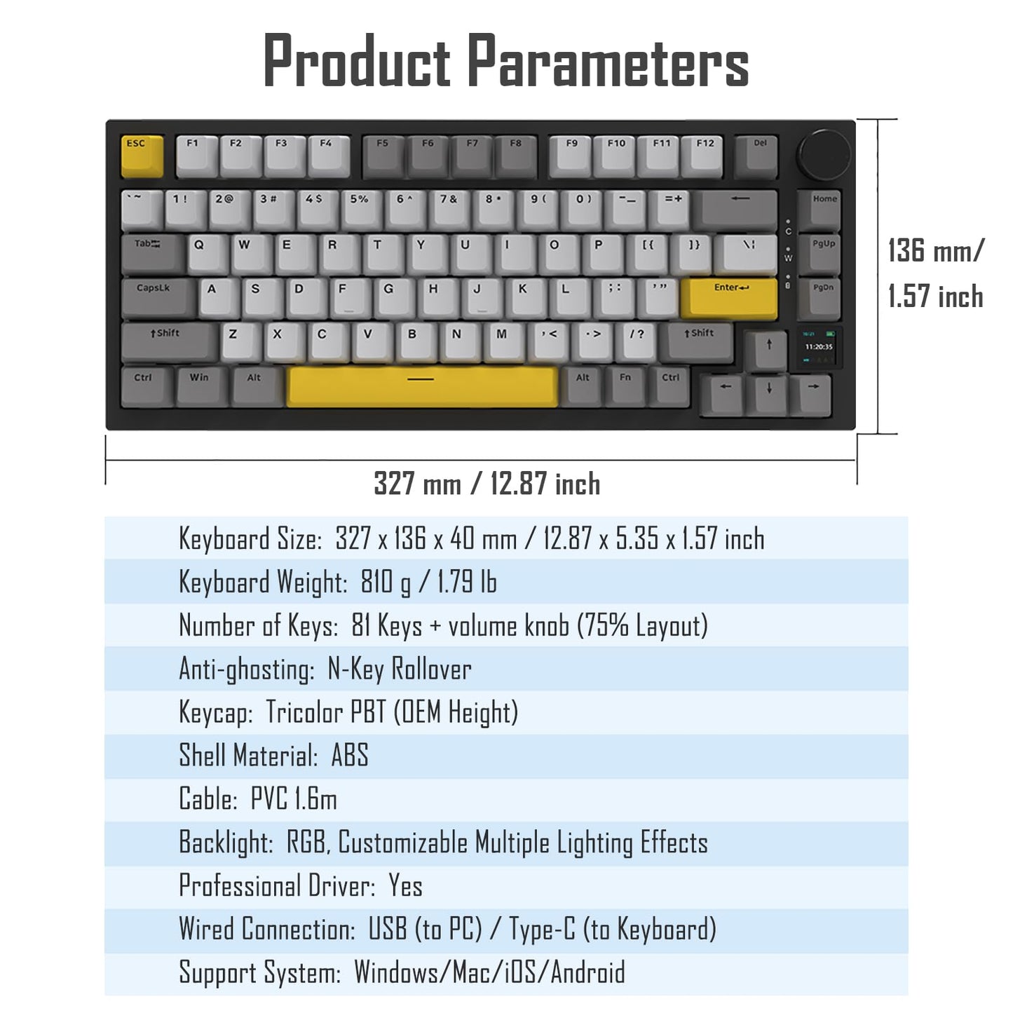 AJAZZ AK820 Pro 75% Gasket RGB Wireless Mechanical Keyboard with TFT Screen, Volume knob, Bluetooth/2.4G/Wired 3-Modes, Compact 82 Hot-Swap Keys, Tricolor PBT Keycap, 4000 mAh (Gray&Yellow 3-Modes)