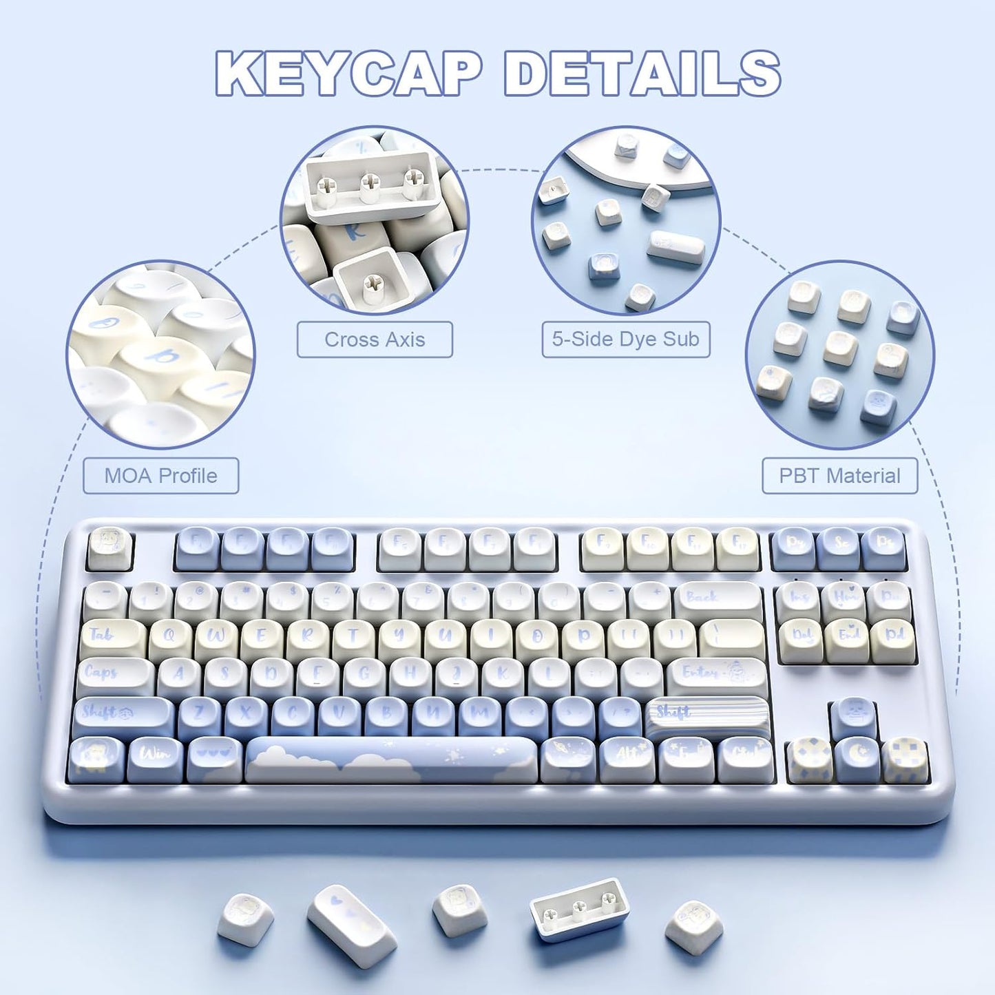 YUNZII 132 Keys MOA Keycaps, Dye-Sublimation PBT Custom Keycap Set for MOA Profile, Cute Bear Customized Pattern Keycaps for MX Switches Mechanical Gaming Keyboard (Butter)