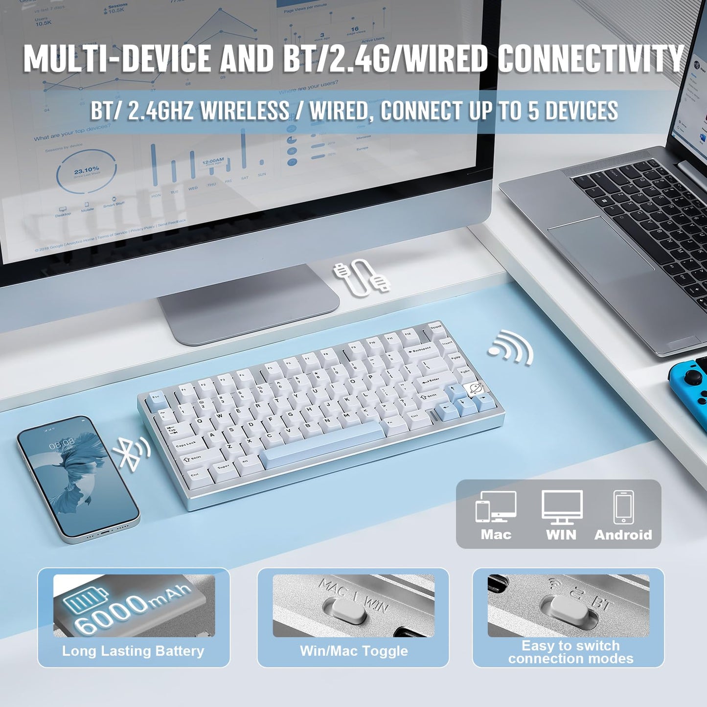YUNZII AL75 PRO 75% Wireless Mechanical Gaming Keyboard,Full Aluminum CNC,BT/2.4G/Wired,PBT Keycaps,Gasket Mounted Hot Swap,Custom RGB Backlight, Programmable for Mac/Win (Silver, Blue Grey)