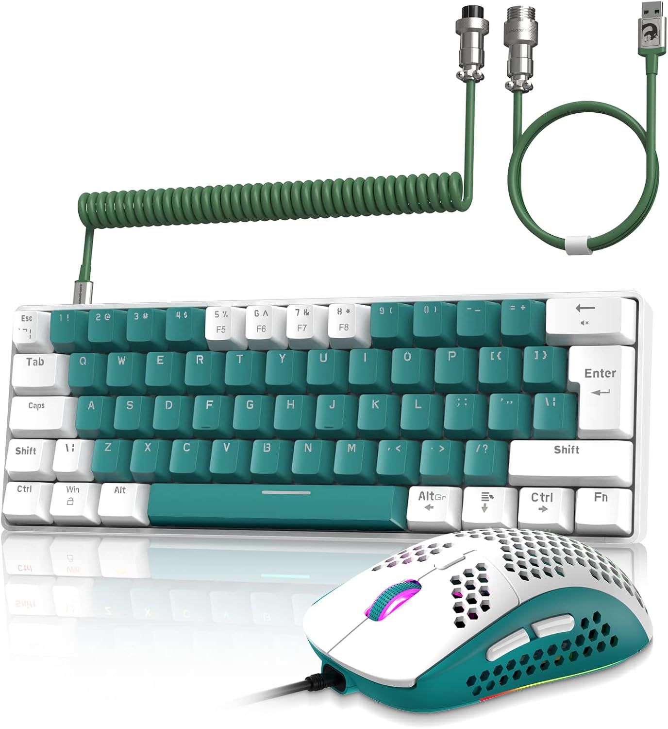 ZIYOU LANG RK-T60 Wired Mechanical Gaming Keyboard and Mouse Combo Portable with Rainbow Backlit 62Key NKRO 6400DPI RGB Honeycomb Mice Coiled Aviator Cable for PS4/PC/WIN Gamer(Light Gray/Red Switch)