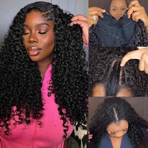 sterly V Part Wig Human Hair Glueless No Leave Out Upgrade U Part Wigs Burmese Curly Wig with Spiral End Deep Curly Wigs For Women Full Head Clip In Half Wigs 200% Density16inch