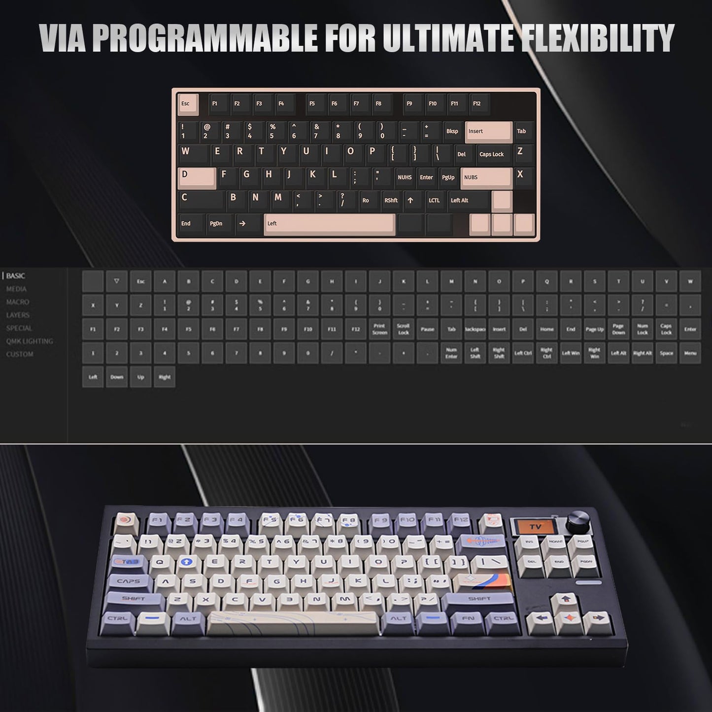 ZMX GMK87 Keyboard Barebones Kit,Gasket Mount Hot Swap PCB Triple Mode BT5.0/2.4G/Type-C Wireless Mechanical Keyboard with Knob VIA-Programmable Custom TFT-Screen RGB DIY Kit(Black)