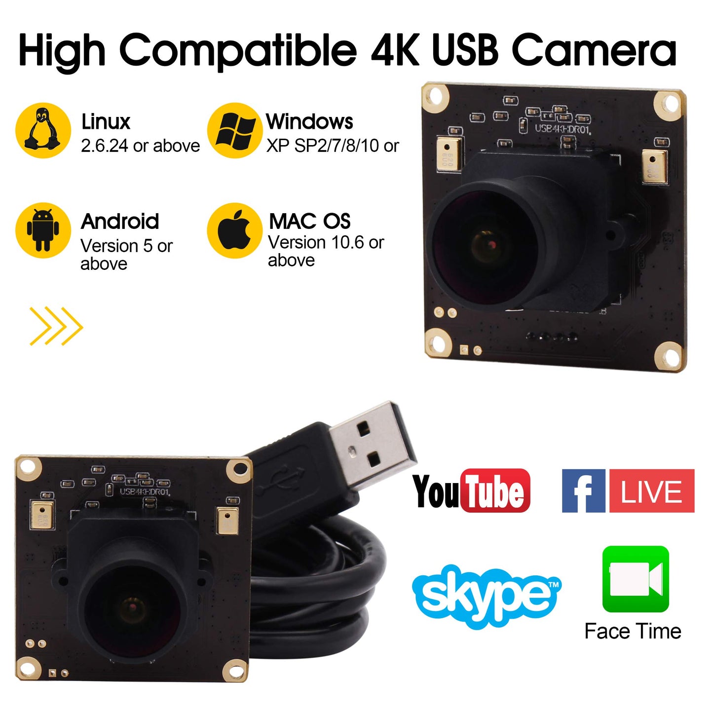 4K USB Camera Module Wide Angle with Microphone 170degree Fisheye Lens Audio Video Webcam Board for Computer Mini UVC USB2.0 PC Camera Industrial USB with Camera IMX317 Lightburn Camera