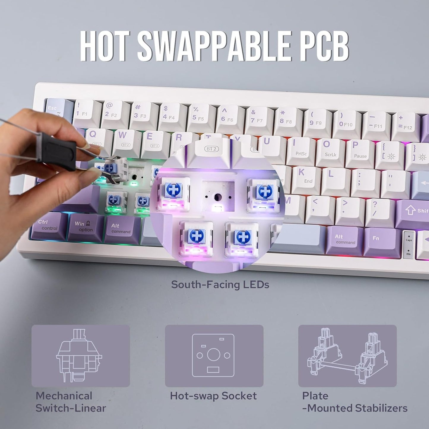 AJAZZ AK650 65% Gasket Mechanical Keyboard, 3 Modes Wireless Gaming Keyboard with 0.85'' TFT Screen & Knob, Hot Swappable, 5000 mAh Battery, Flex-Cut Plate & PCB, RGB (White Purple)