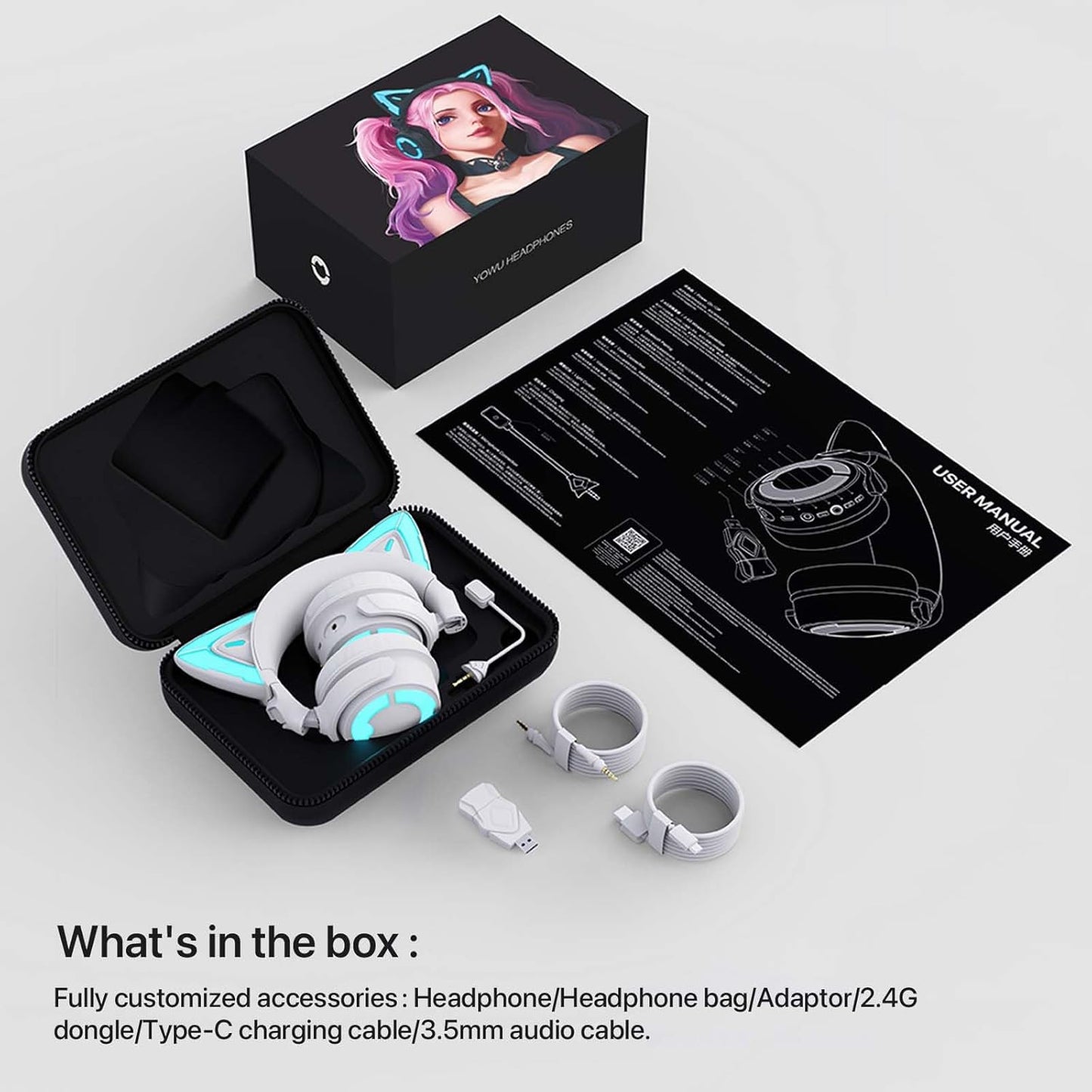 YOWU RGB Cat Ear Headphone 4, Upgraded Wireless & Wired Gaming Headset with Attachable HD Microphone -Active Noise Reduction, Dual-Channel Stereo & Customizable Lighting and Effect via APP (Pink)