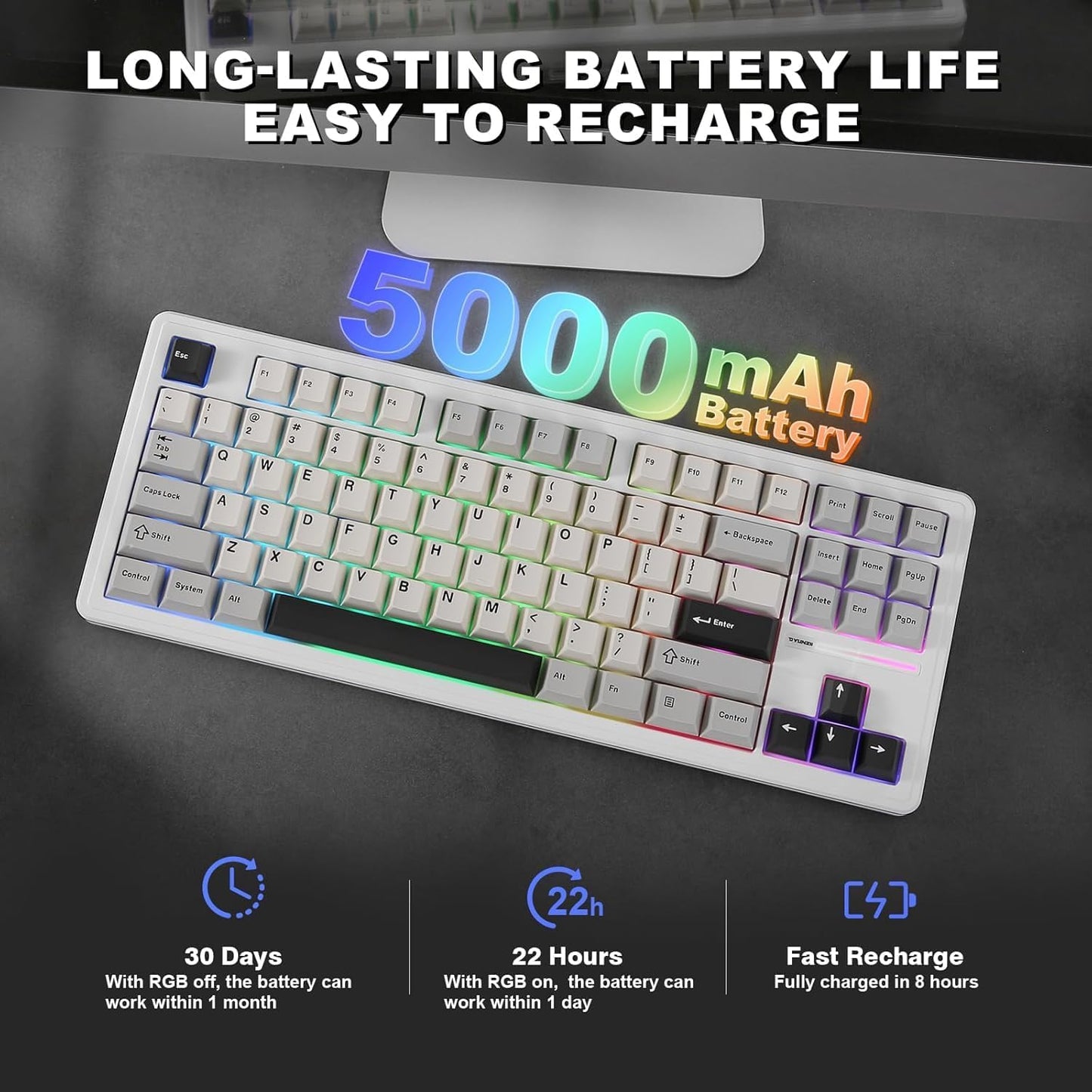 YUNZII YZ87 Gasket Mechanical Keyboard,TKL Wireless Hot Swappable with 5-Layer Padding, BT5.0/2.4G/USB-C NKRO RGB Backlit for Win/Mac(White, Milk Switch)