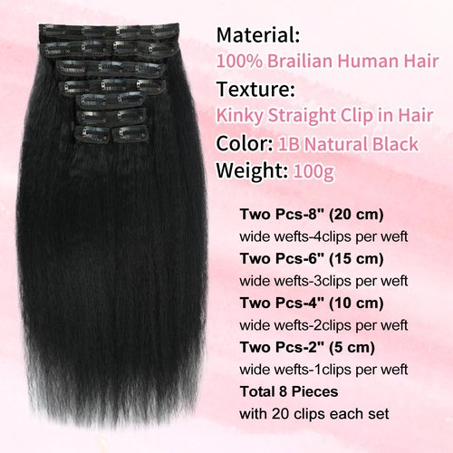 24 inch Kinky Straight Clip in Hair Extensions Real Human Hair Clip ins Yaki Full Head for Women Brazilian Human Hair Natural Black Color 8pcs 20 Clips 110g