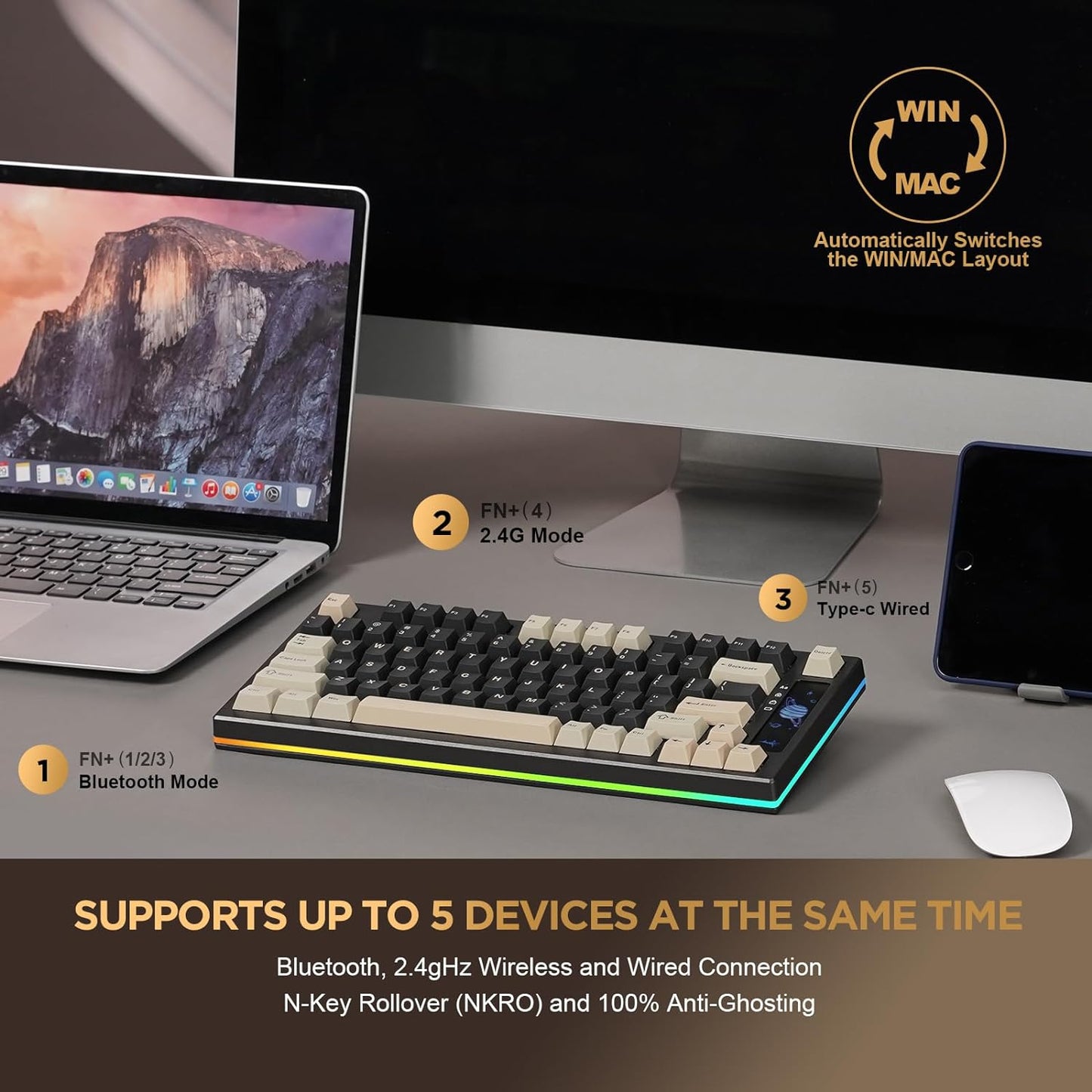 YUNZII YZ75 75% Hot Swappable Wireless Gaming Mechanical Keyboard, RGB Backlights, BT5.0/2.4G/USB-C, Dye Sub PBT Keycaps for Linux/Win/Mac(Gateron G Pro Black, White)