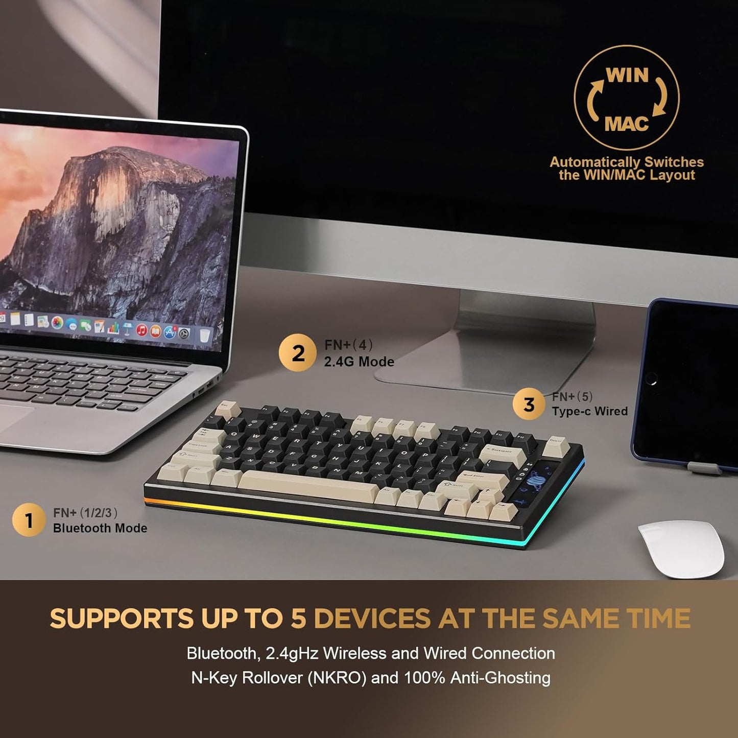 YUNZII YZ75 75% Hot Swappable Wireless Gaming Mechanical Keyboard, RGB Backlights, BT5.0/2.4G/USB-C, Dye Sub PBT Keycaps for Linux/Win/Mac(Gateron G Pro Brown, White)
