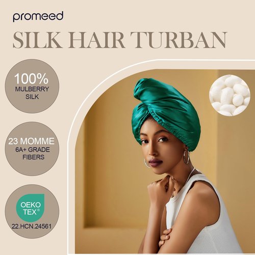 PROMEED Hydrating Silk Hair Wrap with Hyaluronic Acid, 100% 23 Momme Mulberry Silk Turban for Dry Hair and Frizzy Hair, Grade 6a+ Silk Bonnet for Hair Moisturizing Treatment (EMERALD GREEN)
