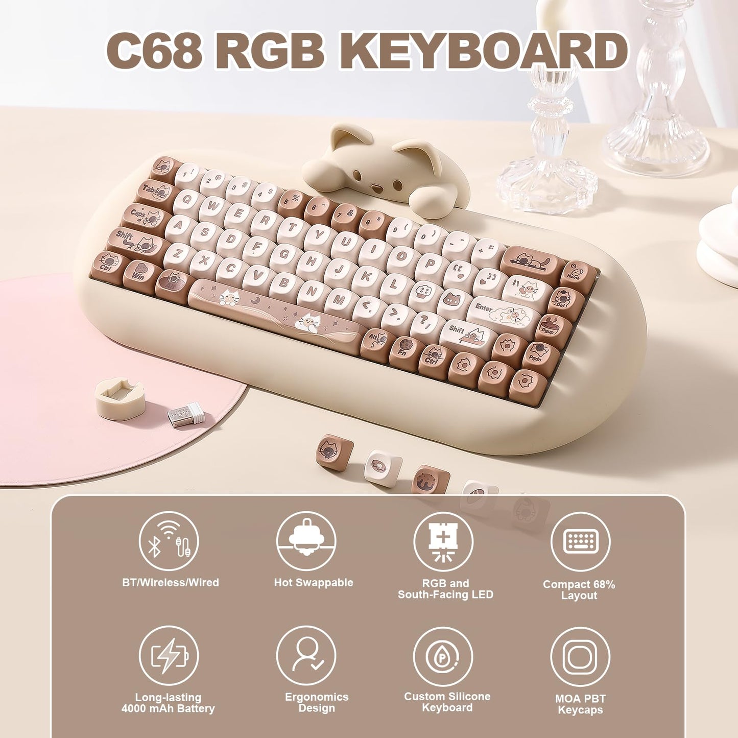 YUNZII C68 Wireless Mechanical Keyboard,65% Layout,Hot Swap,Triple Mode BT5.0/2.4G/Wired, RGB Backlit NKRO,Cute Cat Silicone Ergonomic Design for Win/Mac (Brown, Milk Switch)
