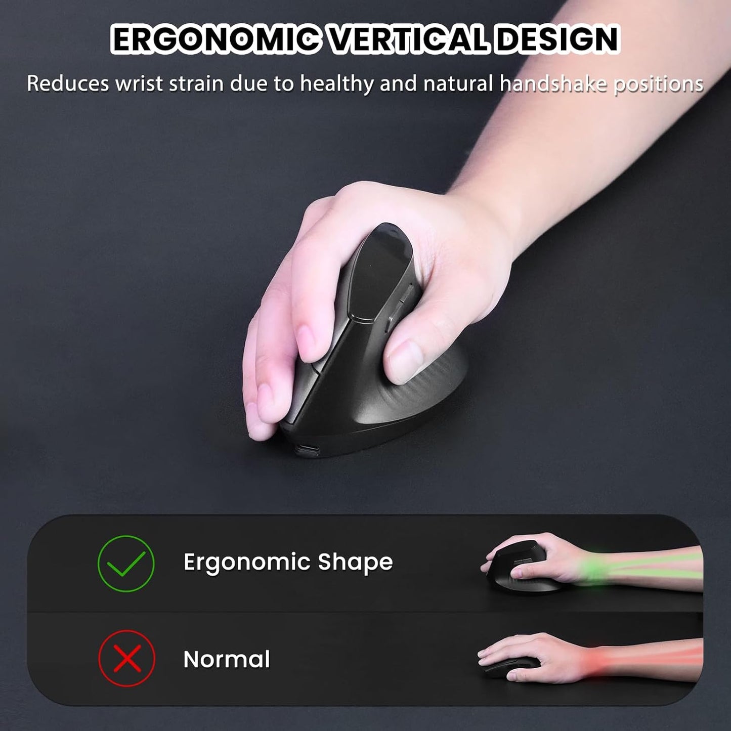 A.JAZZ I300 Bluetooth and 2.4G Rechargeable Wireless Mouse,Ergonomic Vertical Design Optical Mouse Computer Mice,800/1200/1600 DPI,Quiet Clicks,84G Lightweight for Laptop, Desktop, PC, MacBook(Black)