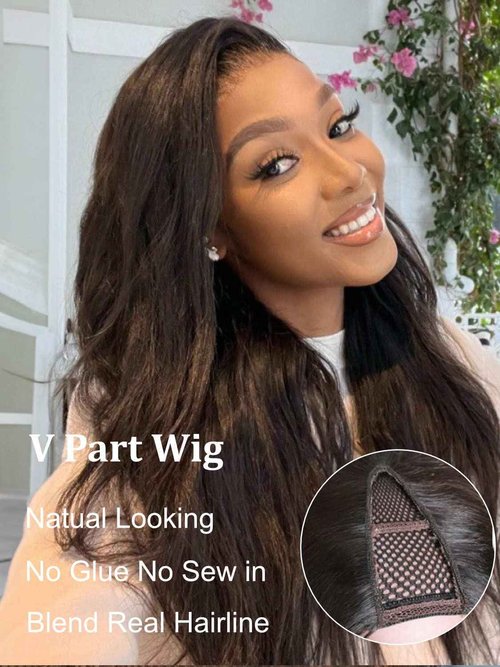 YIROO Hair V Part Wig Human Hair Kinky Straight Wig No Leave Out Upgraded U Part Wigs for Women 12A Yaki Straight Glueless Wear And Go V Shape Clip in Wigs Beginner Friendly 150% Density 22 Inch