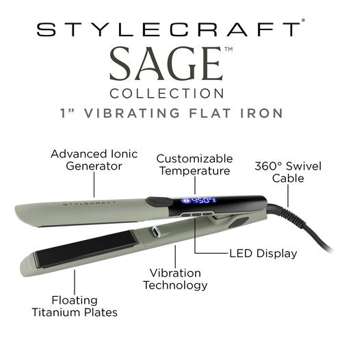 StyleCraft Sage – Professional Smooth Gliding Vibrating 1”-Inch Keratin Sealing Flat Iron with Titanium Plates and LED Display for Silky Smooth Hair
