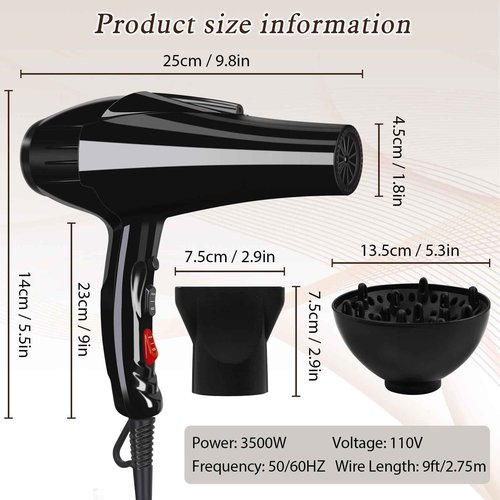 Professional Hair Dryer 3500 Watt Powerful Salon Blow Dryer Ceramic Tourmaline Quick Dry Ionic Hair Dryer with AC Motor Concentrator Diffuser Attachments