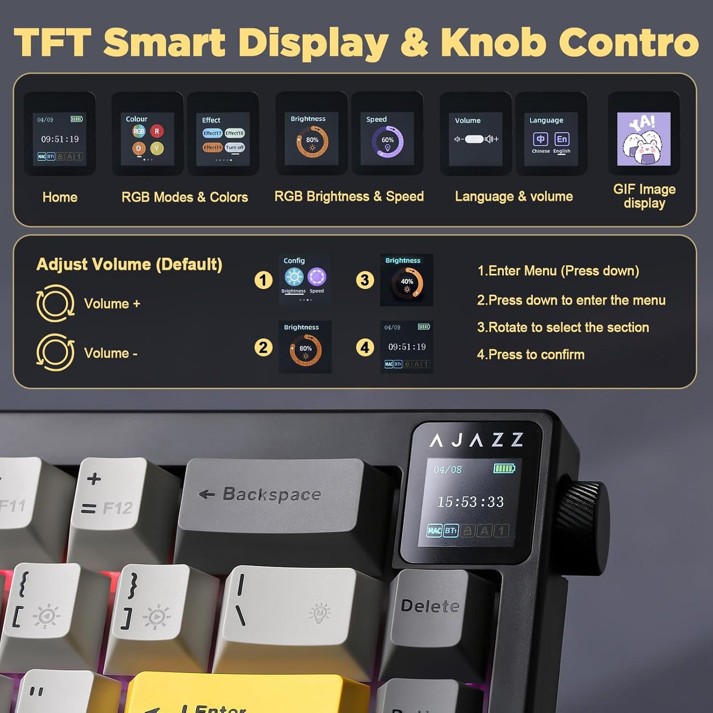 AJAZZ AK650 Mechanical Gaming Keyboard with Smart Display & Knob,65% Wireless Mechanical Keyboard BT/2.4G/USB-C, Hot Swappable, Creamy Sounding with RGB Light (Purple,Flying Fish Switch)