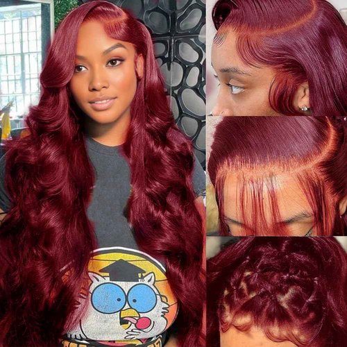 KOCOPOM 24inch Burgundy Lace Front Wigs Human Hair 13x6 Body Wave HD Lace Frontal Wigs Pre Plucked 180% Density Glueless Wigs Red Wig Wine Red for Women with Baby Hair