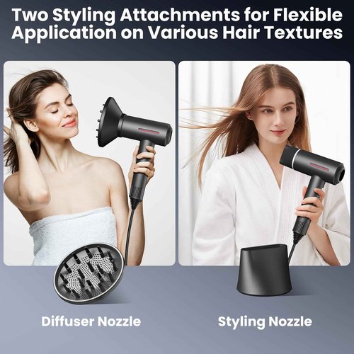 Hair Dryer, 1600W Professional Ionic High-Speed Blow Dryer for Fast Drying with Diffusers Nozzle and Styling Nozzle, Lightweight, Ultra-Quiet, Hair Dryer with 180000RPM Brushless Motor