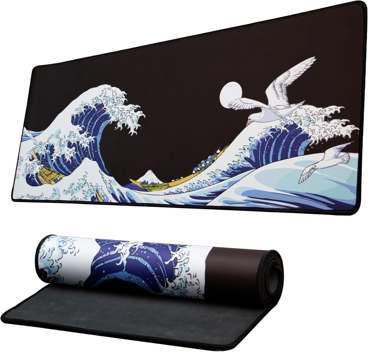 XVX Japanese Sea Wave Large Mouse Pad for Desk, Desk Mat with Seamed Edges, Waterproof Desk Pad, Gaming Mouse Pad Non-Slip Rubber Base, 31.5x11.8 Inch 3mm Thick Keyboard Pad Computer Mat, Kanagawa