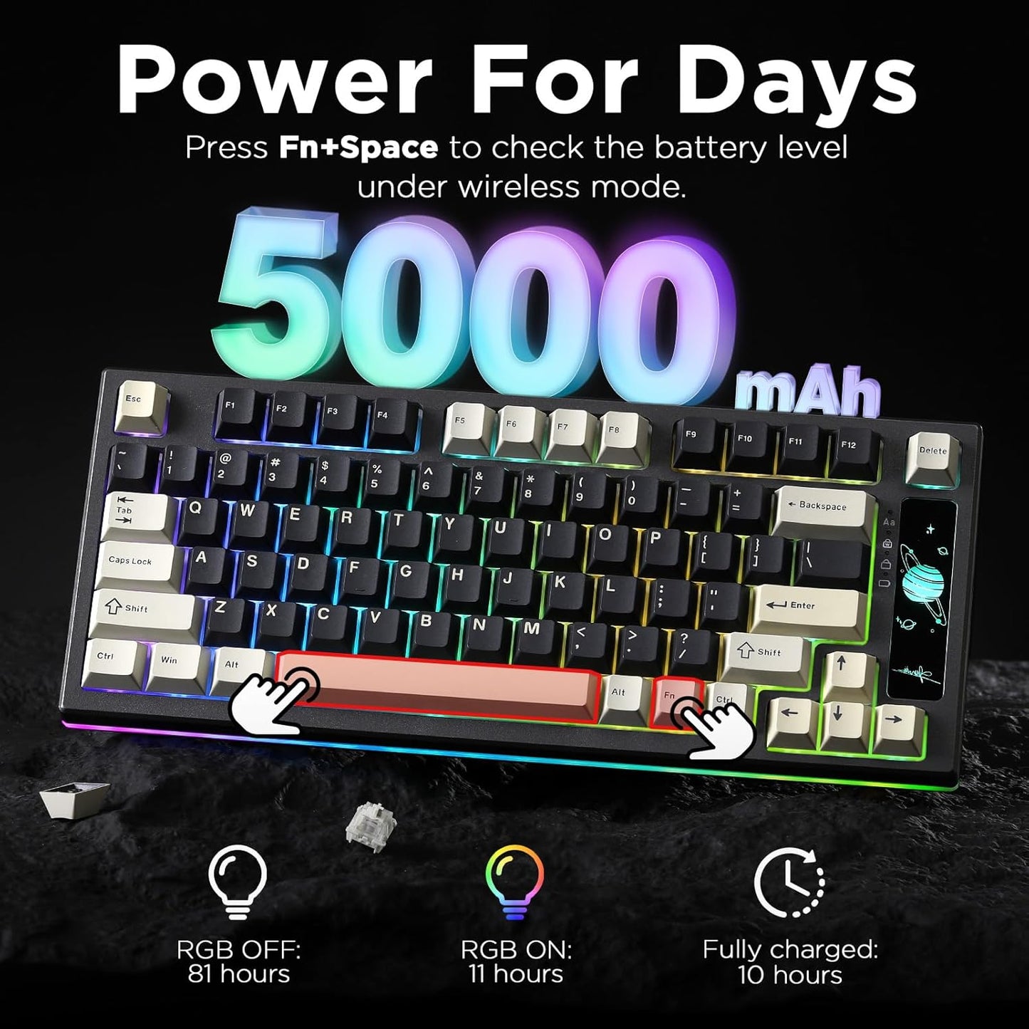 YUNZII RT80 Rapid Trigger Hall Effect Magnetic Gaming Keyboard, 8K Polling Rate, 75% Layout,BT/2.4GHz/Wired,RGB Backlit,Hot Swap,Adjustable Actuation Wireless for Win/Mac(Black, Gateron White)