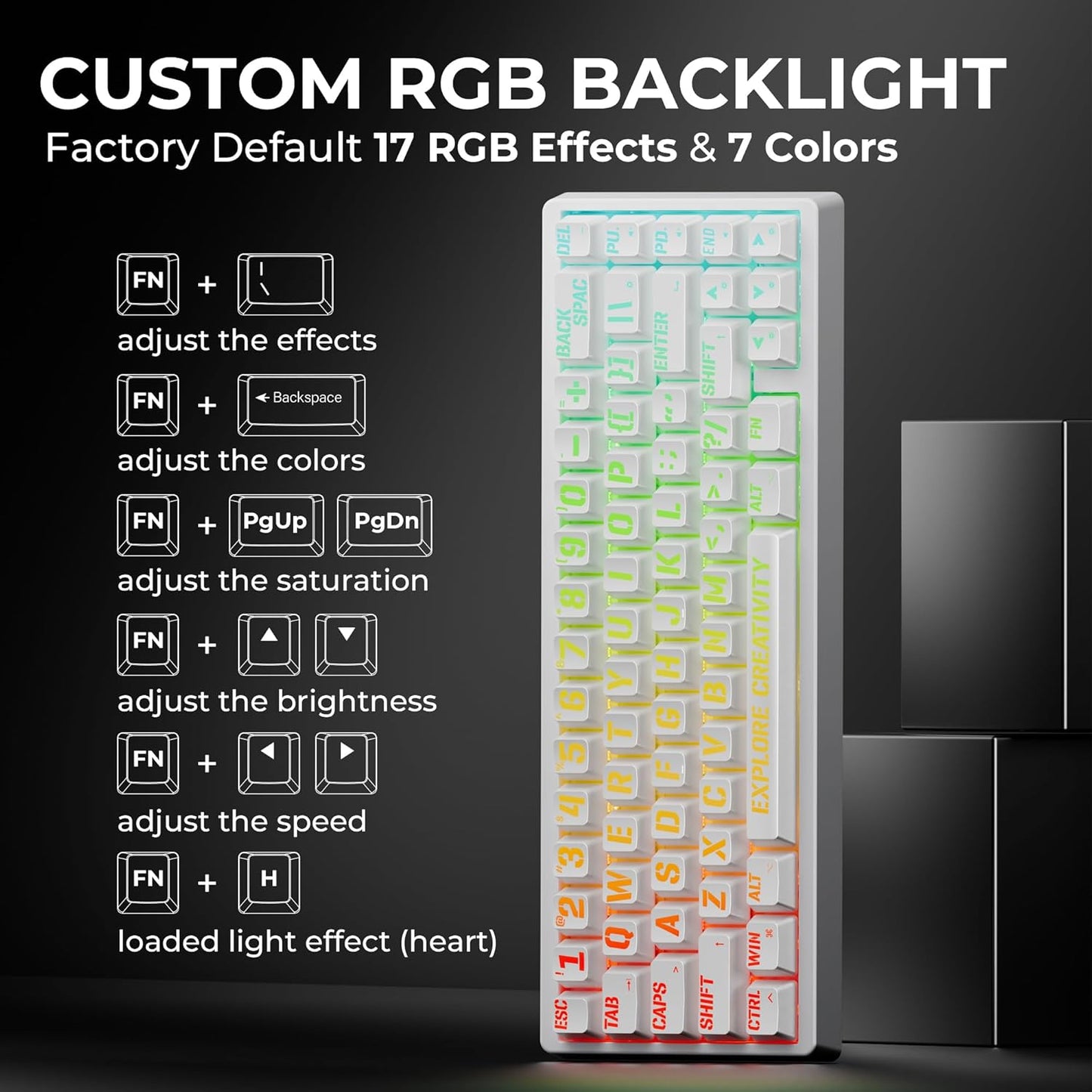 XVX M67 Wireless 60% Percent Keyboard, QMK/VIA Topographic Gaming Keyboard, Tri-Mode Thocky Creamy Mechanical Key Board, Hot Swappable Gasket Mount RGB IMD Tech for Win/Mac, Miami Theme, White