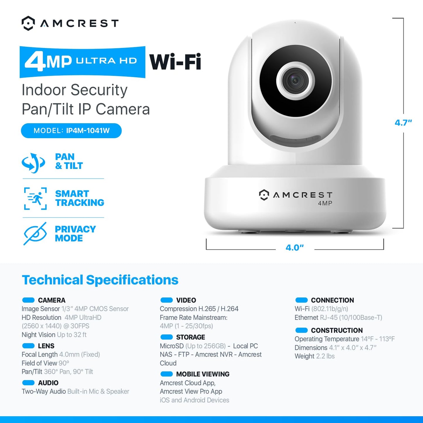 Amcrest 4MP ProHD Indoor WiFi, Security IP Camera with Pan/Tilt, Two-Way Audio, Night Vision, Remote Viewing, 4-Megapixel @30FPS, Wide 90° FOV, IP4M-1041W (White)