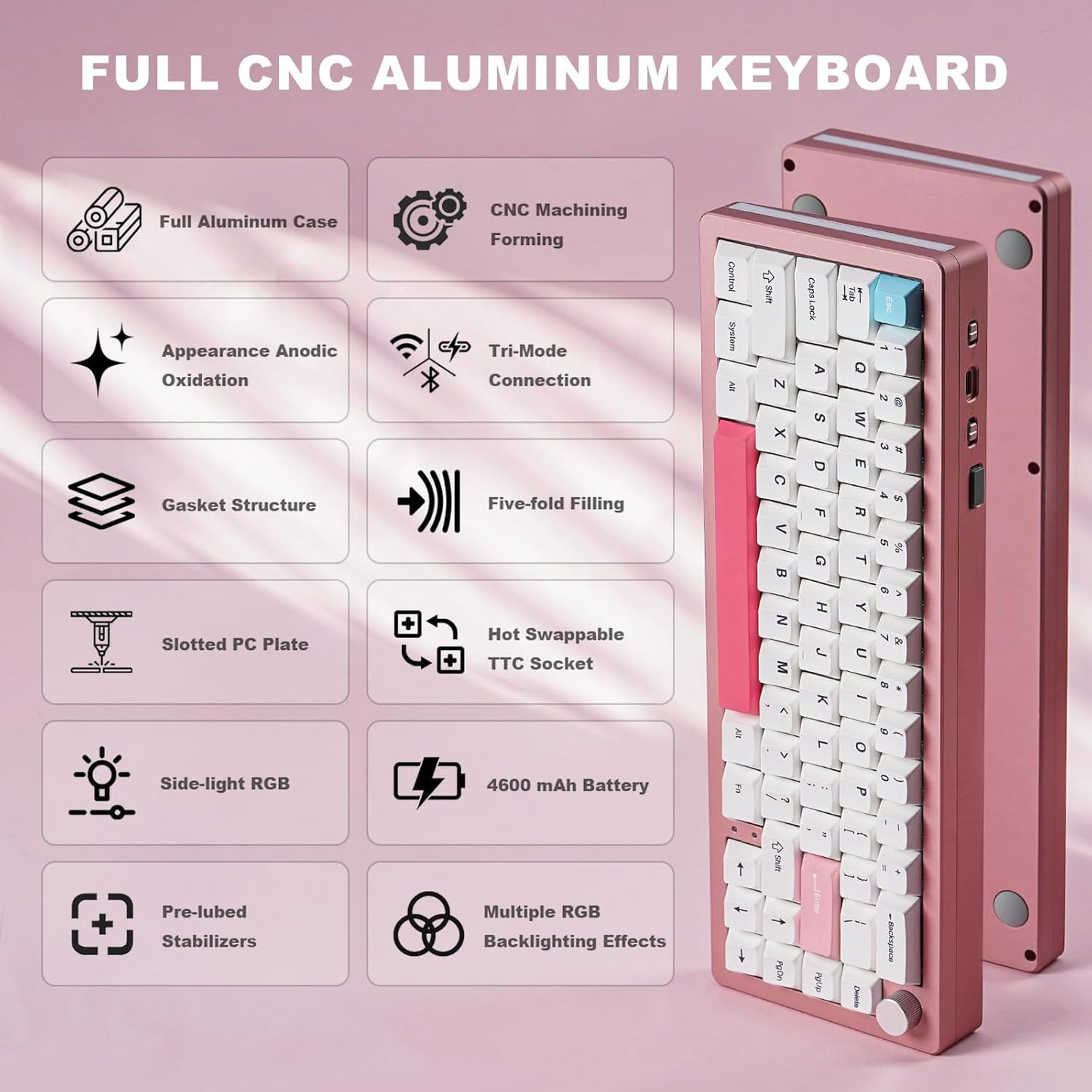 YUNZII AL66 Wireless Mechanical Keyboard(Milk Switch, Pink), 136 Keys MOA Keycaps(Blue)
