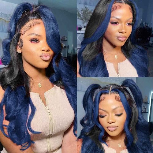 Royal Blue Lace Front Wigs Human Hair Highlight Skunk Stripe 13x4 HD Lace Frontal Wig Body Wave Pre Plucked With Baby Hair 150% Density Ombre Dark Blue Virgin Human Hair Wigs Glueless 20 Inch