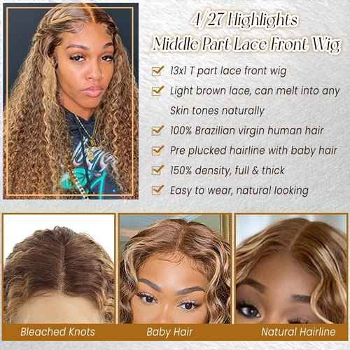Curly Lace Front Wigs Pre Plucked 24 Inch Real Human Hair Lace Frontal Wig with Baby Hair 4/27 Colored Honey Blonde Highlights 13x1 Middle Part Brazilian Virgin Human Hair Lace Wig Bleached Knots