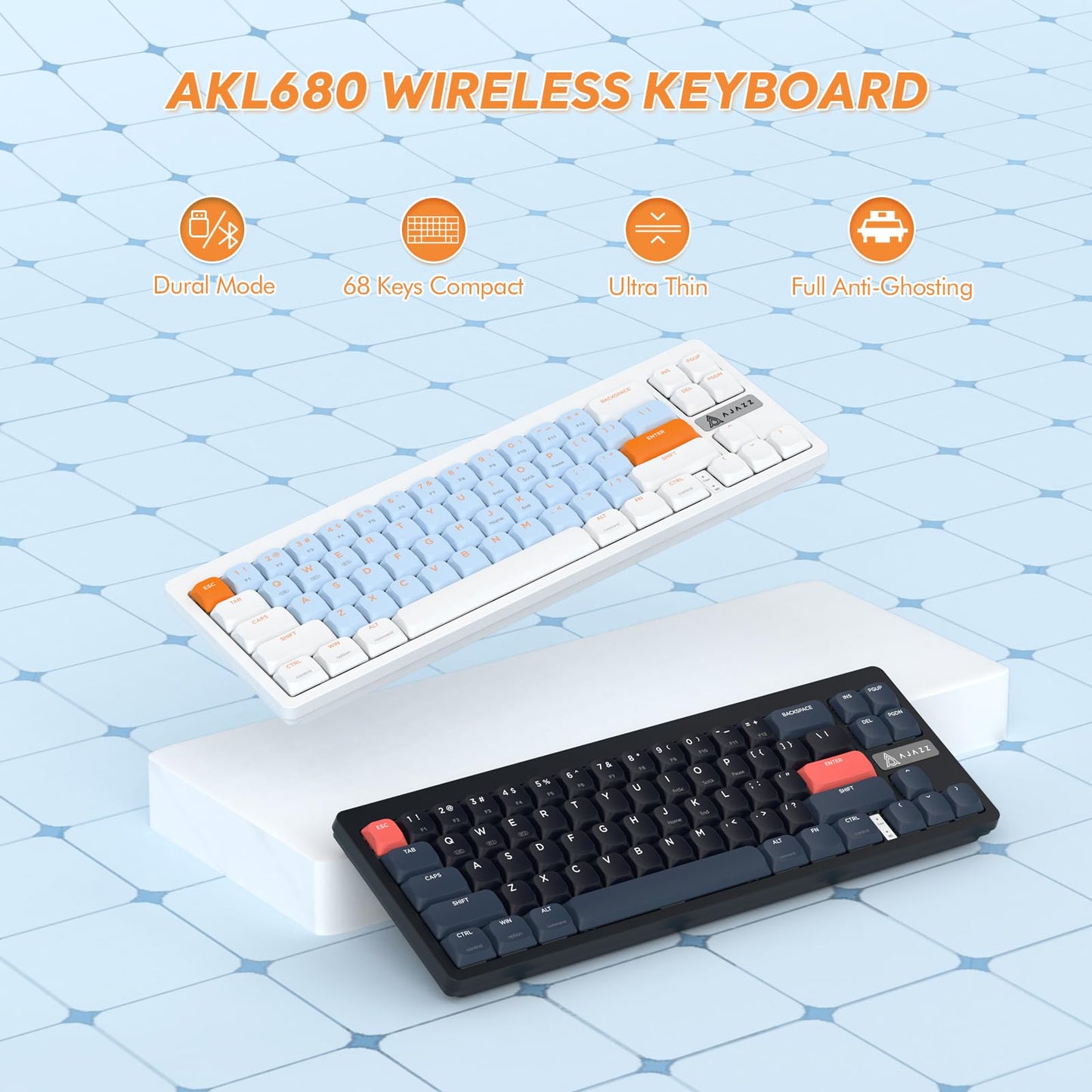 A.JAZZ AKL680 65% Low Profile Wireless Mechanical Keyboard, BT/2.4Ghz Dual Mode 68 Keys Gaming Keyboard with Ultra-Thin Brown Switches for PC/Laptop/Windows/Mac(White/Blue)
