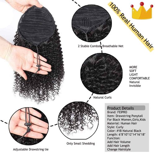 FEIPRO Curly Ponytail Extension for Black Women Real Human Hair Natural Drawstring Ponytails Hair Pieces African American Girls Curly Hair Extensions 16 Inch #1B Natural Black