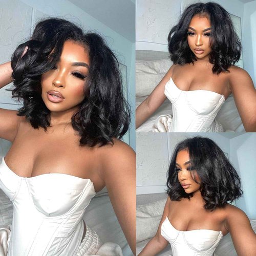 Bob Wig 13x4 Body Wave Lace Front Human Hair Wig 180% Density Natural Black Pre Plucked With Baby Hair for Black Women 16 Inch