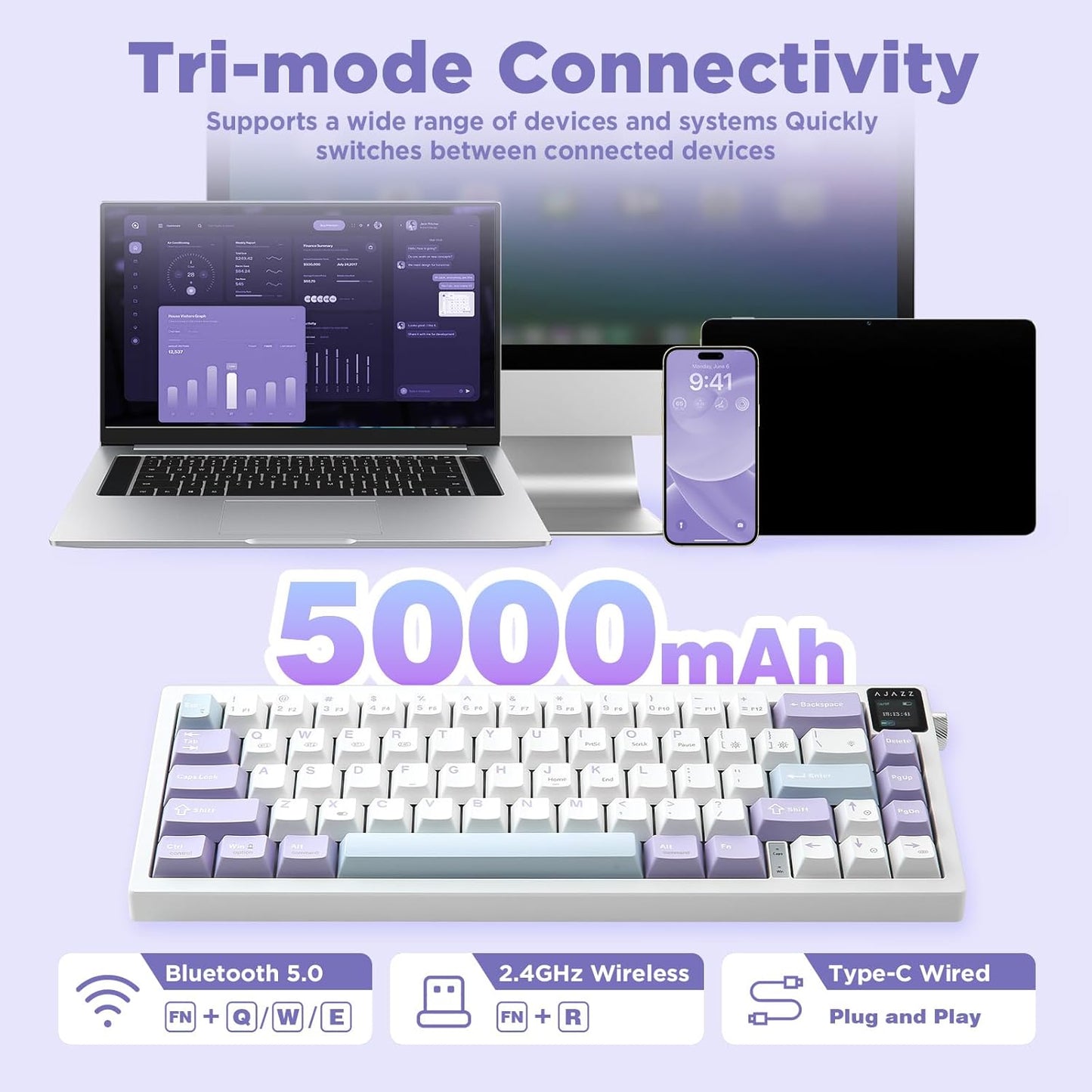 AJAZZ AK650 Mechanical Gaming Keyboard with Smart Display & Knob,65% Wireless Mechanical Keyboard BT/2.4G/USB-C, Hot Swappable, Creamy Sounding with RGB Light (Purple,Flying Fish Switch)