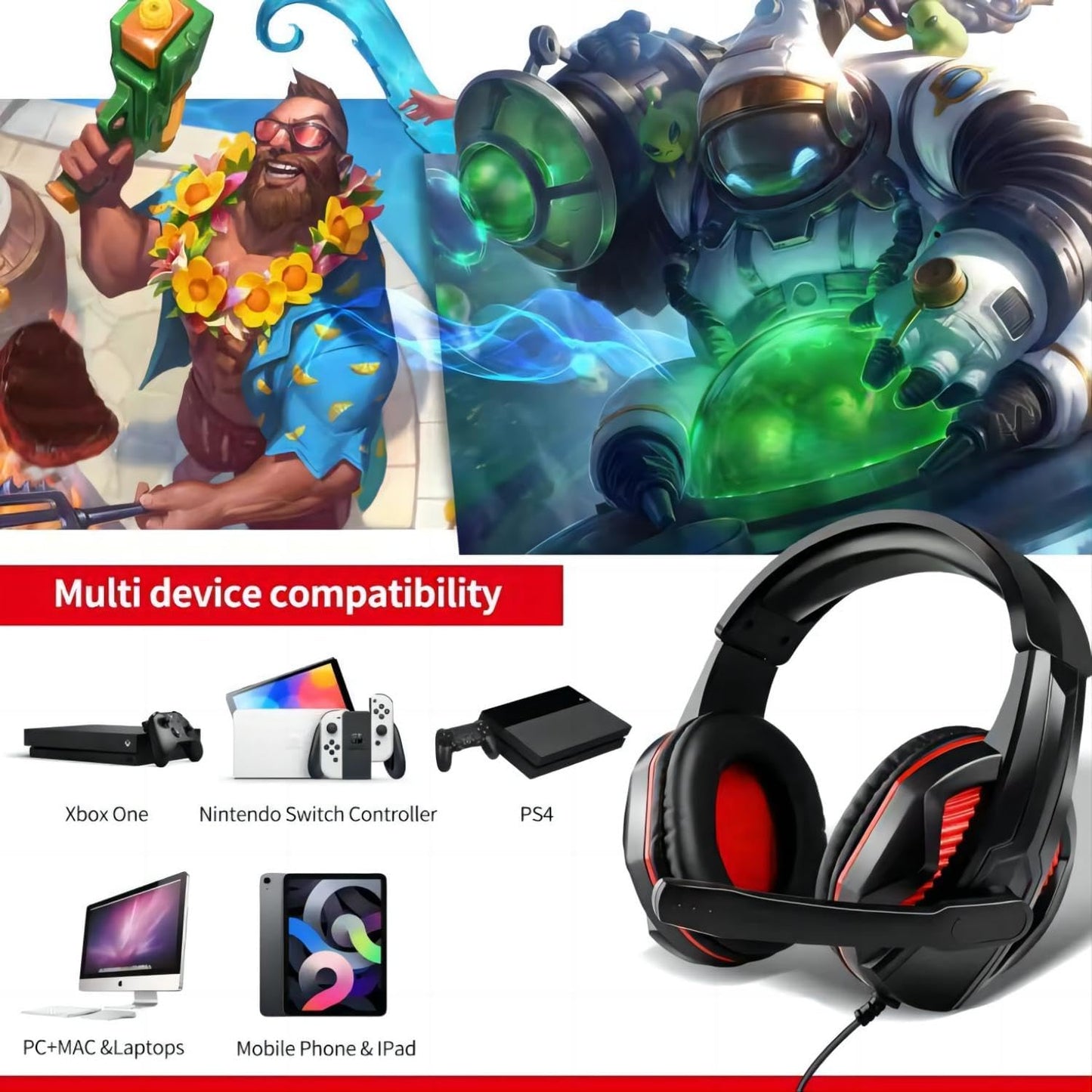3.5mm Port Wired Gaming Headset with Mic Volume Control,Stereo Bass Noise Isolation for PS4 New Xbox One PSP PC Laptop Tablet Cellphones,Black&Red