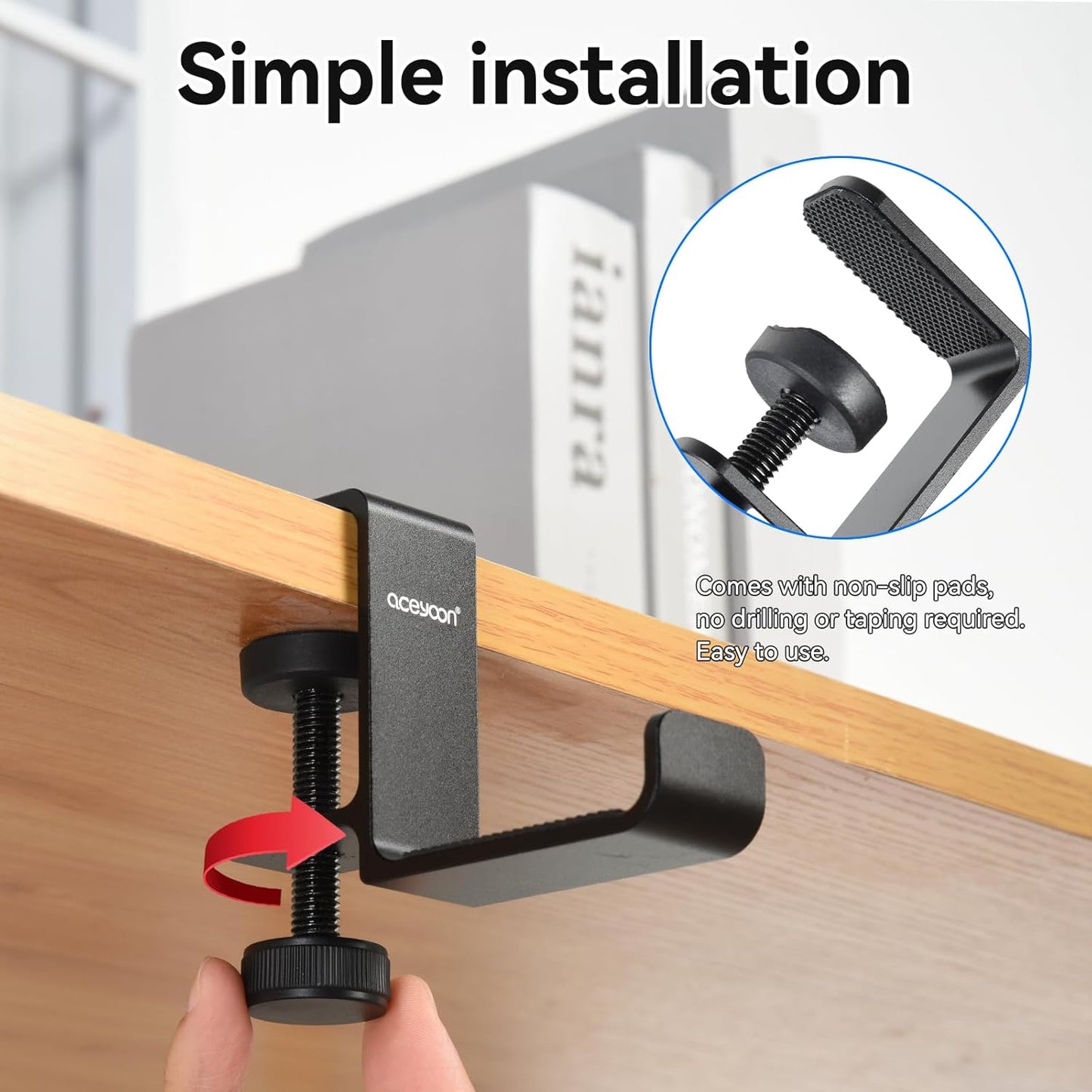 aceyoon Under Desk Headphone Hanger, Aluminum Headphone Stand,Headset Holder Space-Saving for Bag/Backpack/Gaming Headphone, Black