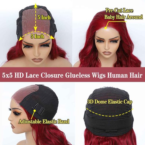 Jewhaut Wear and Go Glueless Wigs Human Hair Pre Plucked Pre Cut for Beginners 99j Burgundy Lace Front Wigs Human Hair Upgraded No Glue 5x5 HD Body Wave Lace Closure Wigs Human Hair for Women 30 Inch